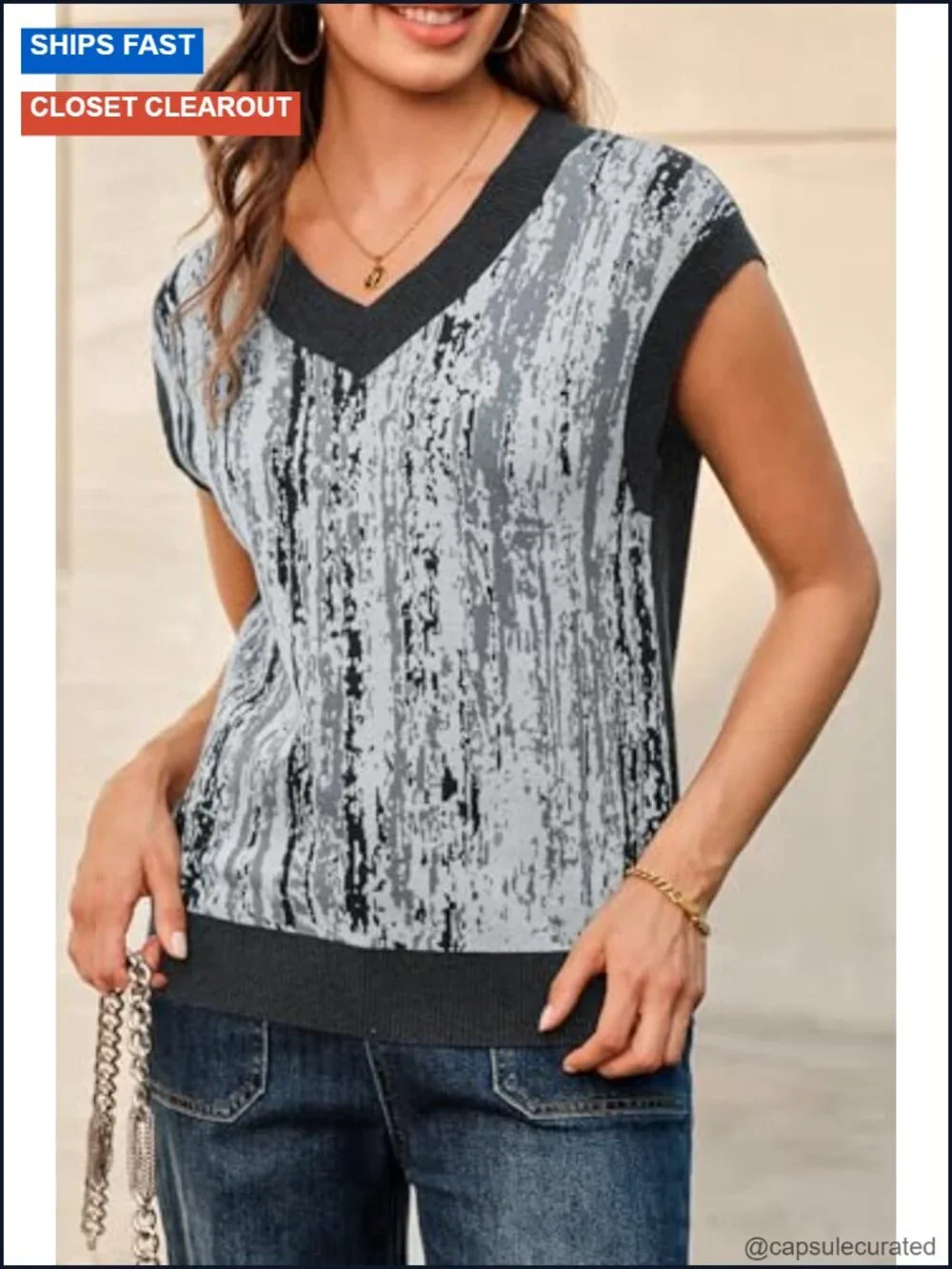 Wool Blend Knit V-Neck Sleeveless Sweater Vest Layering Top